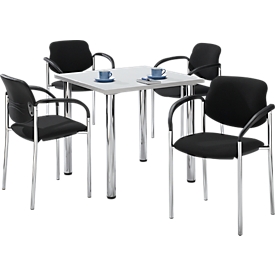 Economy set visitor chairs, stackable, cover fabric black, seat dimensions W 450 x D 460 x H 470 mm, 4 pieces + table, light gray, W 800 x D 800 mm