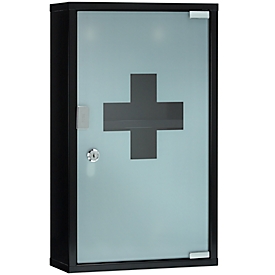 Eerste hulp kast First Aid Only, zonder inhoud, 2 compartimenten, afsluitbare matglazen deur, wandmontage, B 300 x D 500 x H 120 mm, metaal en glas, zwart