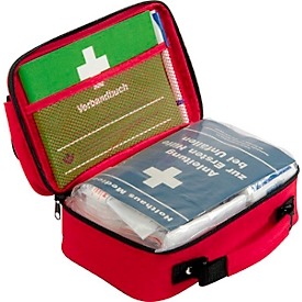 Eerstehulpkoffer Office plus, inhoud volgens DIN 13 157, met buitenzak, incl. DIN A5 eerstehulpboekje &amp; pen, B 260 x D 100 x H 170 mm, nylon, rood