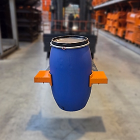Eichinger-Industrie Fassgreifer für Stapler, geeignet für 1 PE-Fass oder 1 Stahl-Fass mit 60-220 l Inhalt, Gummipuffer, Stahl, reinorange RAL 2004