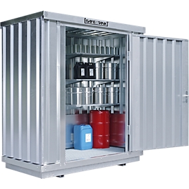 Einzel-Container Säbu SAFE TANK 300, für aktive Lagerung, Volumen 275 l, mit explosionsgeschütztem Lüfter, Auffangwanne & Gitterrost, B 2100 x T 1140 x H 2300 mm, silber