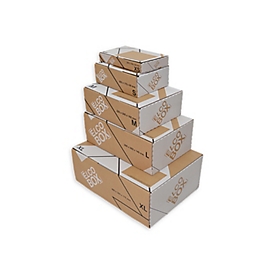 Elco shipping packaging with push-fit closure XS, corrugated cardboard 1-wall, inside 245 x 150 x 33 mm, FSC Mix, brown/black/white