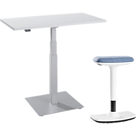 Ensemble de 2 meubles de bureau, table d'appoint mono-colonne Start Off, réglage électrique de la hauteur, gris clair/aluminium blanc 