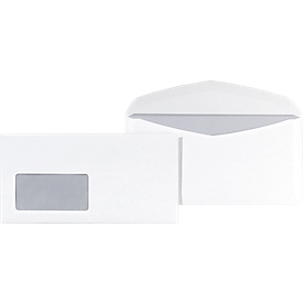 Enveloppes blanches, 110 x 220 mm (DL), 75 g/m², avec fenêtre, fermeture droite, patte autocollante, 1000 pièces