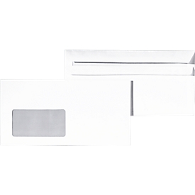 Enveloppes blanches, 110 x 220 mm (DL), 75 g/m², avec fenêtre, fermeture droite, patte autocollante, 1000 pièces