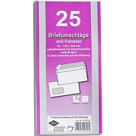 Enveloppes blanches, 110 x 220 mm (DL), 80 g/m², avec fenêtre, bande adhésive, 25 pièces