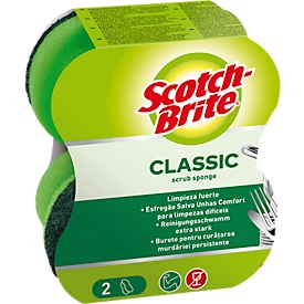 Éponge de nettoyage Scotch-Brite™ Classic Comfort, pour casseroles/poêles/vaisselle, haut pouvoir abrasif, L 117 x l 55 mm, mousse, vert, 2 pièces