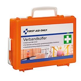 Erste-Hilfe-Koffer First Aid Only, mit 100-teiligem Inhalt gemäß DIN 13157, Tragegriff, Wandhalterung, B 267 x T 90 x H 211 mm Kunststoff, orange