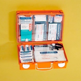 Erste-Hilfe-Koffer SAN, gefüllt mit DIN 13157 (erweitert), B 310 x T 210 x H 130 mm, ABS-Kunststoff, orange
