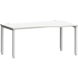 Escritorio MODENA FLEX, forma libre, fijación a la derecha, tubo cuadrado de 4 patas, ancho 1800 x fondo 1000/800 x alto 720-820 mm, aluminio gris claro/blanco