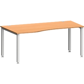 Escritorio MODENA FLEX, forma libre, fijación a la izquierda, tubo cuadrado de 4 patas, ancho 1800 x fondo 1000/800 x alto 720-820 mm, haya/aluminio blanco