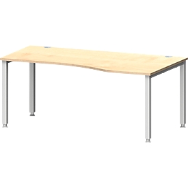Escritorio MODENA FLEX, forma libre, fijación derecha, tubo cuadrado de 4 patas, ancho 1800 x fondo 1000/800 x alto 720-820 mm, arce/aluminio blanco