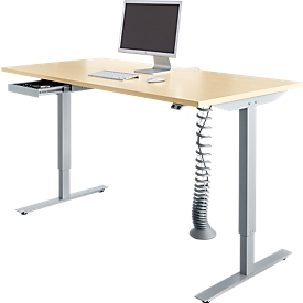 Escritorio, regulable eléctricamente en altura, rectangular, pata en T, ancho 1600 mm, arce/aluminio blanco + cajón y espiral para cables