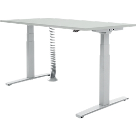 Escritorio Schäfer Shop Select, altura regulable eléctricamente, base en T, 1600 (ancho) x 800 (profundidad) x 645-1290 (alto) mm, gris claro/aluminio blanco + espiral para cables