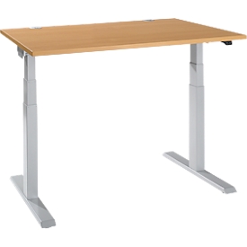 Escritorio Schäfer Shop Select ERGO-T 2.0, regulable en altura eléctricamente, rectangular, pie en T, ancho 1200 x fondo 800 x alto 640-1300 mm, haya/aluminio blanco