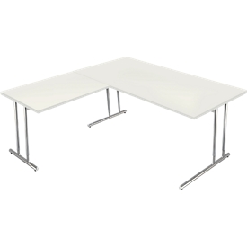 Escritorio Toledo, con mesa adicional, ajustable en altura, pata en C, An 1600 x P 800 mm, blanco