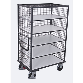 ESD draadgaas legbordwagen, staal/spaanplaat, grafietgrijs/lichtgrijs, 5 etages, 1045 x 685 mm, 3 wanden en dak, EasySTOP, tot 500 kg
