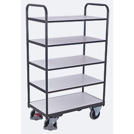 ESD-Etagenwagen, Stahl/Spanplatte, Graphitgrau/ Lichtgrau, 5 Etagen, 850 x 500 mm, EasySTOP, bis 250 kg