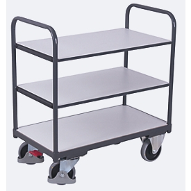 ESD-Etagewagen, staal/spaanplaat, grafietgrijs/lichtgrijs, 3 etages, 850 x 500 mm, EasySTOP, tot 250 kg