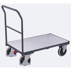 ESD Schiebebügelwagen, Stahl/Spanplatte, Graphitgrau/Lichtgrau, L 1030 x B 600 mm, mit Querstrebe, TPE-Rollen mit EasySTOP, bis 500 kg