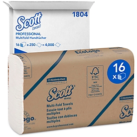 Essuie-mains SCOTT® Multifold 1804, 1 épaisseur, résistant à la déchirure, 16 paquets de 250 serviettes, blanc
