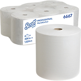 Essuie-tout Scott® 6667, résistant à la déchirure, 1 couche, 6 rouleaux de 304 m, blanc
