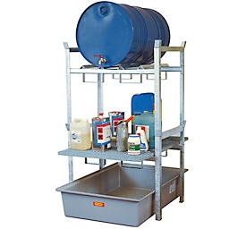 Estantería para barriles tipo 400 variante 3 CEMO, Cubeta colectora, apoyo para barriles y apoyo de rejilla, L 990 x An 1280 x Al 1620 mm