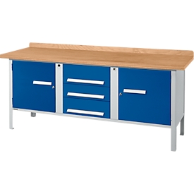 Établi à 3 éléments PWi 200-4 Schäfer Shop Select, plateau en hêtre multiplex, jusqu'à 750 kg, L 2000 x P 700 x H 840 mm, bleu gentiane/aluminium blanc