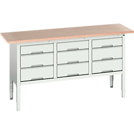 Etabli à bacs Boot verso, avec plateau en multiplex, 9 tiroirs, L 1750 x P 600 x H 830 - 930 mm, RAL 7035 gris clair