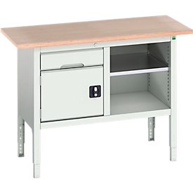 Etabli à bacs Bott verso, avec plateau en multiplex, 1 tiroir &amp; 1 tablette &amp; 1 porte, L 1250 x P 600 x H 830 - 930 mm, gris clair