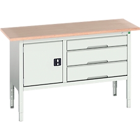 Etabli à bacs Bott verso, avec plateau en multiplex, 3 tiroirs &amp; 1 porte, L 1500 x P 600 x H 830 - 930 mm, RAL 7035 gris clair