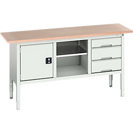 Etabli à bacs Bott verso, avec plateau en multiplex, 3 tiroirs &amp; 1 tablette &amp; 1 porte, L 1750 x P 600 x H 830 - 930 mm, RAL 7035 gris clair