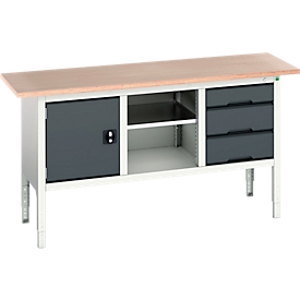 Etabli à bacs Bott verso, avec plateau en multiplex, 3 tiroirs & 1 tablette & 1 porte, L 1750 x P 600 x H 830 - 930 mm, RAL 7035 gris clair / RAL 7016 gris anthracite
