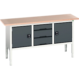 Etabli à bacs Bott verso, avec plateau en multiplex, 3 tiroirs & 2 portes, L 1750 x P 600 x H 830 - 930 mm, RAL 7035 gris clair / RAL 7016 gris anthracite