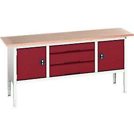 Etabli à bacs Bott verso, avec plateau en multiplex, 3 tiroirs &amp; 2 portes, L 2000 x P 600 x H 830 - 930 mm, gris clair RAL 7035 / rouge pourpre RAL 3004