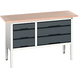 Etabli à bacs Bott verso, avec plateau en multiplex, 6 tiroirs, L 1500 x P 600 x H 830 - 930 mm, gris clair RAL 7035 / gris anthracite RAL 7016