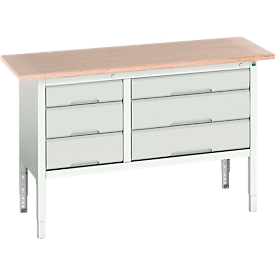 Etabli à bacs Bott verso, avec plateau en multiplex, 6 tiroirs, L 1500 x P 600 x H 830 - 930 mm, gris clair RAL 7035