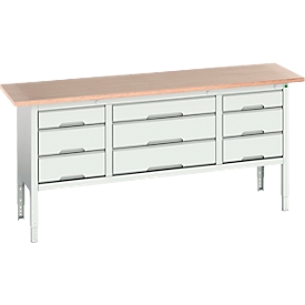 Etabli à bacs Bott verso, avec plateau en multiplex, 9 tiroirs, L 2000 x P 600 x H 830 - 930 mm, gris clair RAL 7035