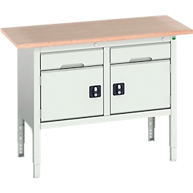 Etabli à bacs Bott verso, plateau en multiplex, 2 tiroirs et 2 portes, L 1500 x P 600 x H 830 - 930 mm, RAL 7035 gris clair