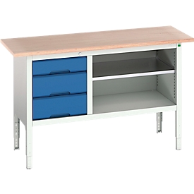 Etabli à bacs Bott verso, plateau en multiplex, 3 tiroirs &amp; 1 tablette, L 1500 x P 600 x H 830 - 930 mm, RAL 7035 gris clair / bleu gentiane