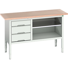Etabli à bacs Bott verso, plateau en multiplex, 3 tiroirs &amp; 1 tablette, L 1500 x P 600 x H 830 - 930 mm, RAL 7035 gris clair