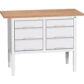 Etabli à bacs Bott verso, plateau en multiplex, 6 tiroirs, L 1250 x P 600 x H 830 - 930 mm, gris clair RAL 7035