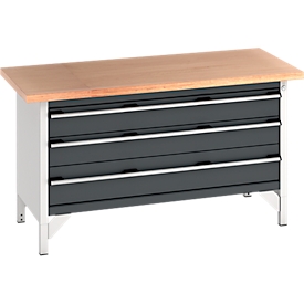 Établi à caisson cubio Bott, plateau en hêtre multiplex 40 mm, châssis en acier, L 1500 x P 750 x H 840 mm, gris clair/anthracite