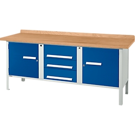 Établi à caisson Schäfer Shop Select PW 200-4, plateau en hêtre multiplex, jusqu'à 750 kg, L 2000 x P 700 x H 840 mm, bleu gentiane