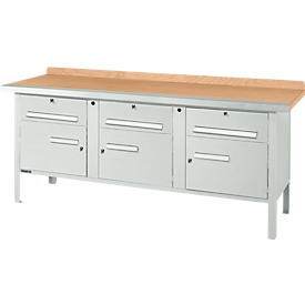 Etabli à caisson Schäfer Shop Select PW 200-5, plateau en hêtre multiplex, avec chant en acier, jusqu'à 750 kg, L 2000 x P 700 x H 840 mm, gris clair