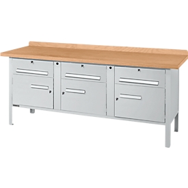 Établi à caisson Schäfer Shop Select PW 200-5, plateau en hêtre multiplex, jusqu'à 750 kg, L 2000 x P 700 x H 840 mm, aluminium blanc