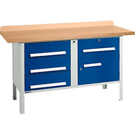 Établi à caisson Schäfer Shop Select PWi 150-5, plateau en hêtre multiplex, jusqu'à 750 kg, L 1500 x P 700 x H 840 mm, bleu gentiane