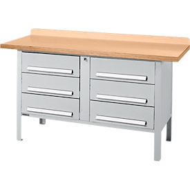 Établi à caisson Schäfer Shop Select PWi 150-6, plateau en hêtre multiplex, jusqu'à 750 kg, L 1500 x P 700 x H 840 mm, aluminium blanc