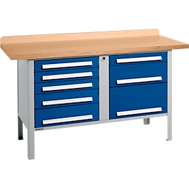 Établi à caisson Schäfer Shop Select PWi 150-8, plateau en hêtre multiplex, jusqu'à 750 kg, L 1500 x P 700 x H 840 mm, bleu gentiane