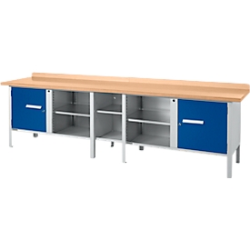 Etabli à caisson Schäfer Shop Select PWi 300-1, plateau en hêtre multiplex, jusqu'à 750 kg, L 3000 x P 700 x H 840 mm, bleu gentiane/aluminium blanc